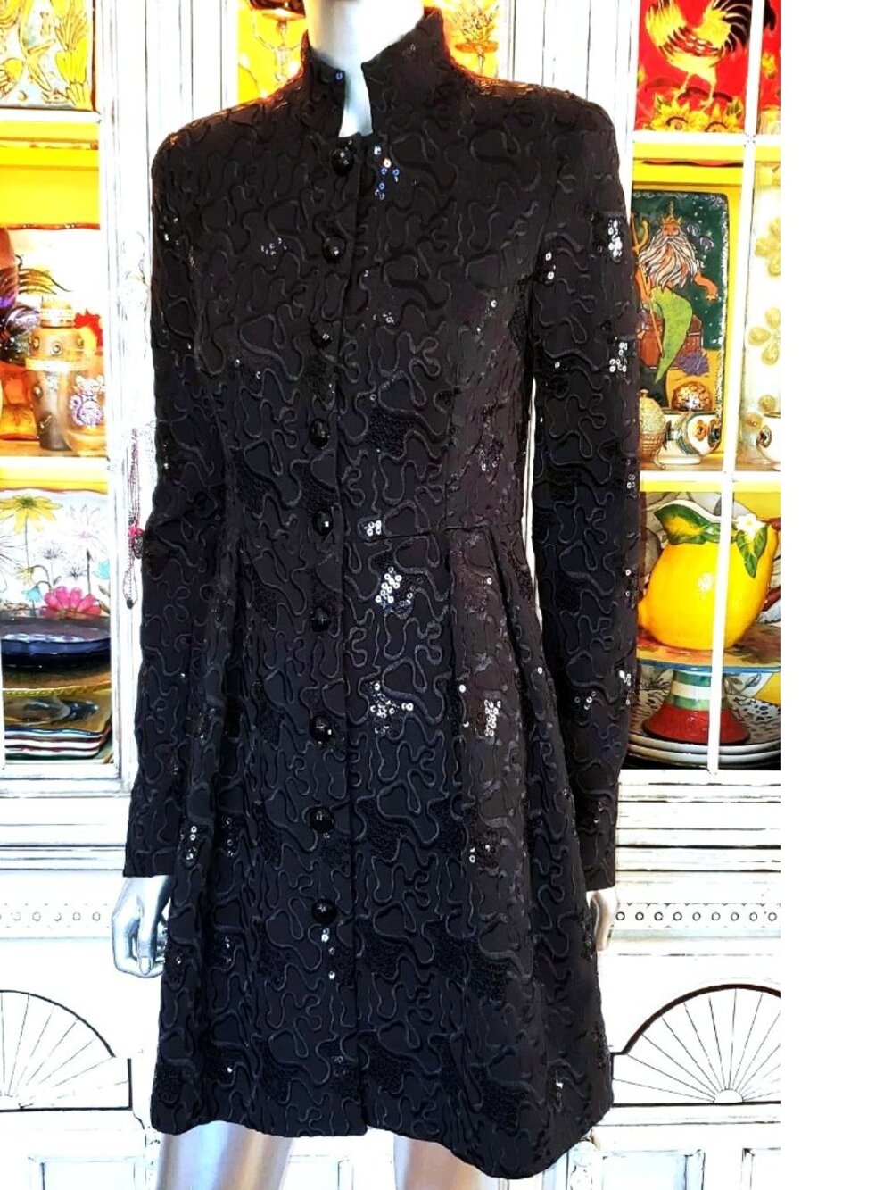 Betsey Johnson Vintage Y2K Black Embroidered Sequin Midi Coat Evening Jacket S - Picture 14 of 16